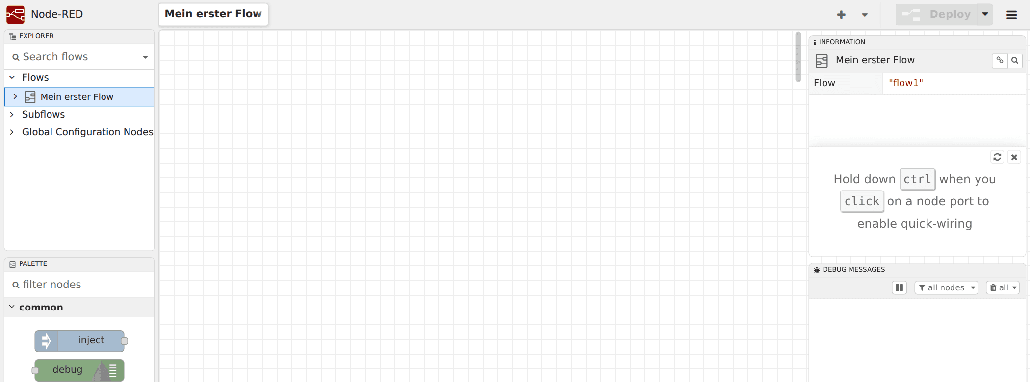 Die Arbeitsfläche im echten Node-RED-Editor — noch leer.